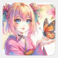 Anime Girl Holding a Butterfly Ai Art Square Sticker