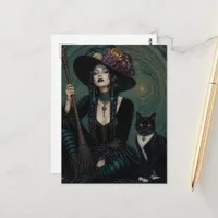 A Gorgeous Witch and her Black and White Cat Postcard