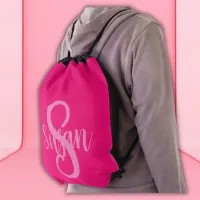 Simple classic monogrammed name and initial PINK | Drawstring Bag