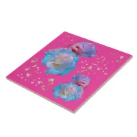 Water Droplets on Pink & Blue Roses on Pink | Ceramic Tile