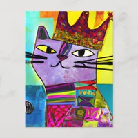 Purple Cat in a Crown Mixed Media Collage Postcard