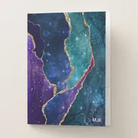 Blue Purple Aqua Gold Veins Agate Monogram Pocket Folder
