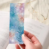 Sparkling Crystal Flowers Blue Personalized Bookmarks