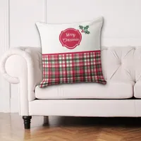 Tartan pattern and holly merry christmas  throw pillow