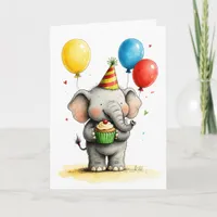 Cute Elephant with Cupcake Kid's Happy Birthday Card