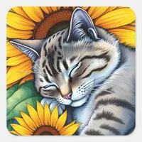 Sweet Napping Gray Cat and Sunflower Square Sticker