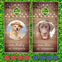 Custom 2 Pet Photo Paw Prints String Lights Rustic Cornhole Set