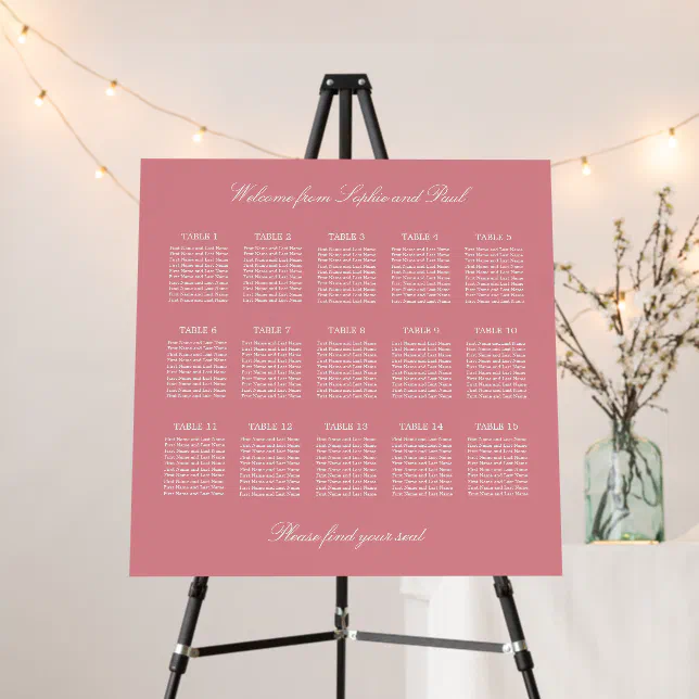 Blush Pink 15 Table Wedding Seating Chart Foam Board