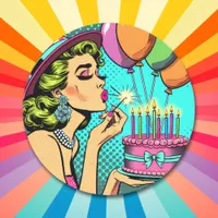 Retro Pop Art Pinup Woman and Birthday Cake Classic Round Sticker