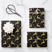 Metallic Gold and Black Reindeer and Stars Wrapping Paper Sheets