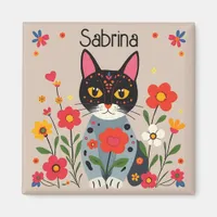 Folk Art Black Cat and Flowers Personalized Magnet