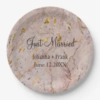 Just Married Pink and Gold Marble Paper Plates