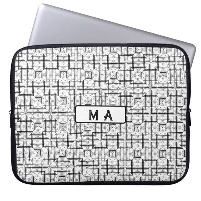 Black and White Geometric Squares Pattern Laptop Sleeve