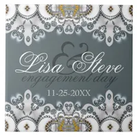 Silver Blue + White Lacy Engagement Keepsake Gift  Ceramic Tile