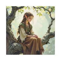 Elven Girl in Vintage Dress on Enchanted Tree Metal Print