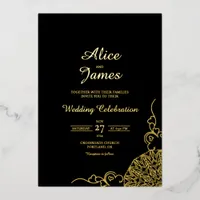 Floral Mandala Black Gold Foil Wedding Invitation