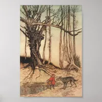 Vintage Little Red Riding Hood in Forest With Wolf Poster