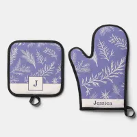 Pretty White Leaf Pattern Lavender Purple Elegant Oven Mitt & Pot Holder Set