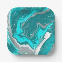 Blue, Teal and Turquoise Marble Fluid Art    Paper Plates