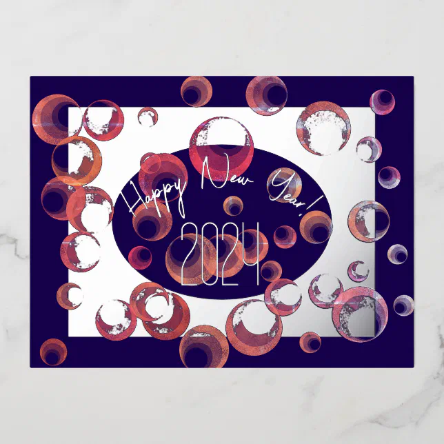 Modern happy new year, colorful bubbles, silver foil holiday postcard