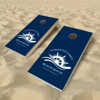 Custom Name Navy Blue Nautical Beach House Cornhole Set