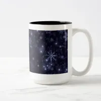 Snowflakes with Midnight Blue Background Two-Tone Coffee Mug