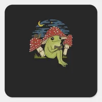 Frog Mushroom Hat Reading Book - Cottagecore Gobli Square Sticker
