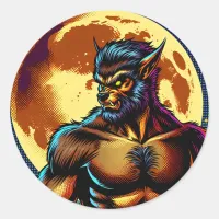 Comic Book Style Werewolf in Front of Full Moon Classic Round Sticker