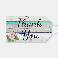 Rustic Wood Teal, White and Pink Rose Thank You Gift Tags