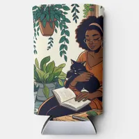 Woman Relaxing with her cat, book and plants Seltzer Can Cooler