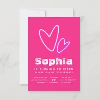 Neon Pink Hearts Birthday Party Invitation