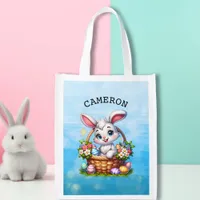 Cute Cartoon Easter Bunny in a Basket Personalized Grocery Bag