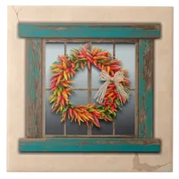 Southwest Chile Wreath on Rustic Blue Wood Window  Ceramic Tile