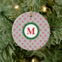 Wreath Monogram Your Name Red Snowflakes Silver Ceramic Ornament