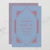French Blue & Rose Gold Art Deco Wedding Photo Invitation