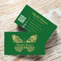 Butterfly green gold QR code script Business Card