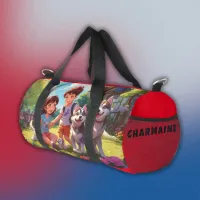 Monogrammed Husky Dogs having fun with kids | Duffle Bag