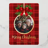 Christmas Ball Ornament Holly Berries Photo Plaid Foil Holiday Card