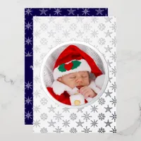 Photo Santa Baby Snowflakes White Silver Blue BKGD Foil Holiday Card