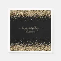 Gold Glitter Name Black Happy Birthday Napkins