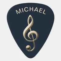 Dark Navy Blue Faux Gold Treble Clef Monogrammed Guitar Pick