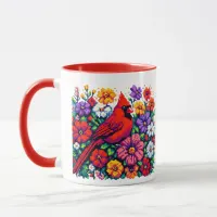 Pretty Pixel Art Cardinal and Flowers Mug