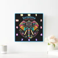 Colorful elephant adorned with vibrant decorations square wall clock