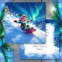 Cute Happy Elf Sledding | Personalized Christmas Holiday Card