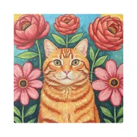 Orange Cat Folk Art Flowers