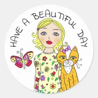 Have a Beautiful Day Whimsical Folk Art Girl Classic Round Sticker