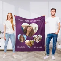 Birthday name age photo heart collage woman purple fleece blanket