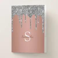 Silver Glitter Sparkle Drip Rose Gold Monogram Pocket Folder