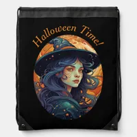 Orange Halloween Witch Theme Drawstring Bag