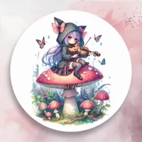 Fairy in Hoodie Playing Viola on a Mushroom  Classic Round Sticker